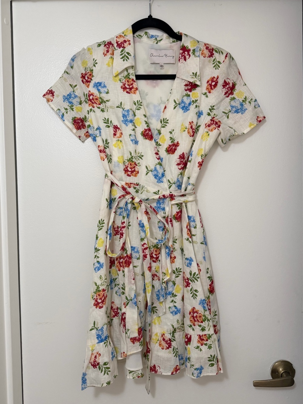 White Floral Wrap Dress with Red, Blue & Yellow Flowers